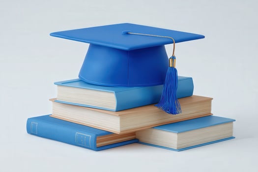 A vibrant blue graduation cap rests on top of a stack of books in various shades of blue. This setup symbolizes the importance of education and academic success. photo
