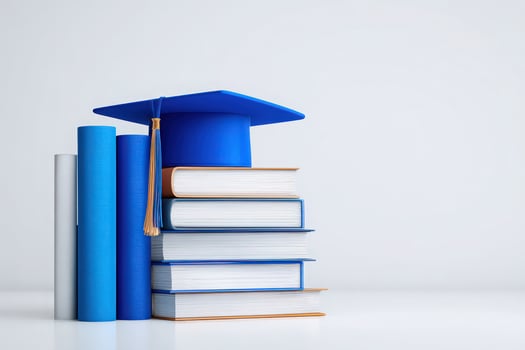 A blue graduation cap sits on a stack of books in various colors, symbolizing academic achievement. The setting is minimalistic, highlighting the importance of education and learning. photo