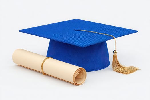 A vibrant blue graduation cap rests beside a rolled diploma secured with a string. This setup represents educational milestones and achievements, highlighting the pride of graduation. photo