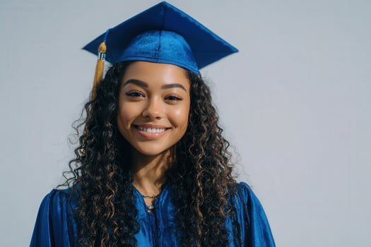 A young woman stands confidently with a smile, wearing a blue graduation gown and cap. photo