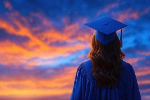 A graduate stands outdoors, gazing at a stunning sunset filled with orange and purple hues. Dressed in a blue gown and cap, she reflects on her achievements and future possibilities. photo