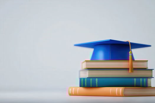 A blue graduation cap sits atop a stack of colorful books, symbolizing academic success and the journey of education. The clean background emphasizes the importance of knowledge and learning. photo