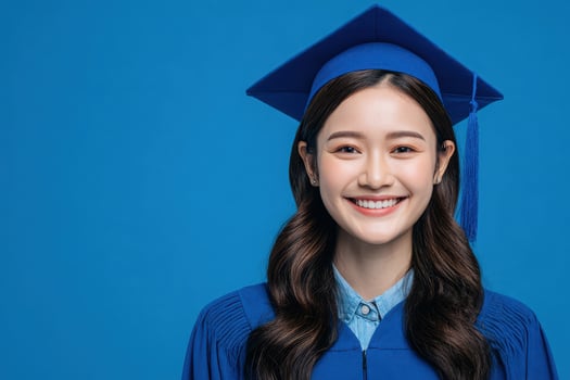 A graduate beams with pride in a blue cap and gown, set against a vibrant blue background. This joyful moment captures the excitement and accomplishment of graduation day. photo
