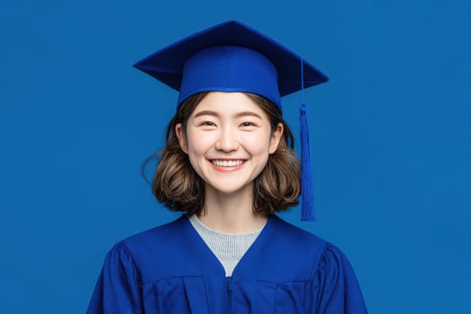 A young woman wears a blue graduation cap and gown while smiling brightly. The solid blue background emphasizes her joy and accomplishment. photo