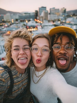 Three friends share a joyful moment on a rooftop terrace during sunset, playfully sticking out their tongues and making funny faces against a vibrant city skyline. photo