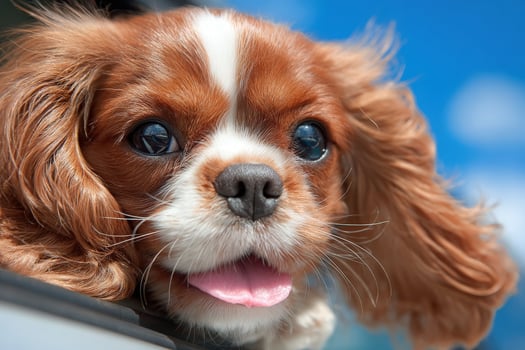 A playful brown and white dog is leaning out of a car window, basking in the sunlight. Its fur dances in the breeze as it happily watches the passing scenery on a bright day. photo
