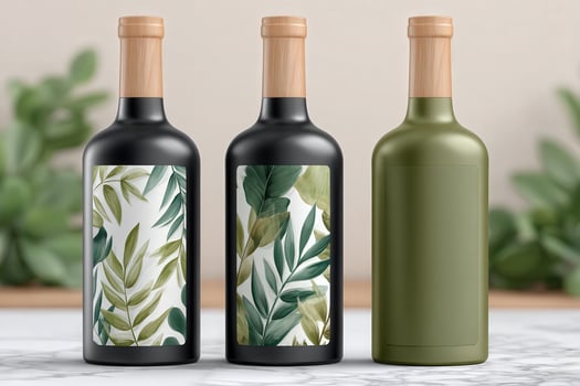 Three glass bottles with unique botanical designs stand against a backdrop of greenery. The sleek shapes and natural colors add a touch of sophistication to any decor. photo
