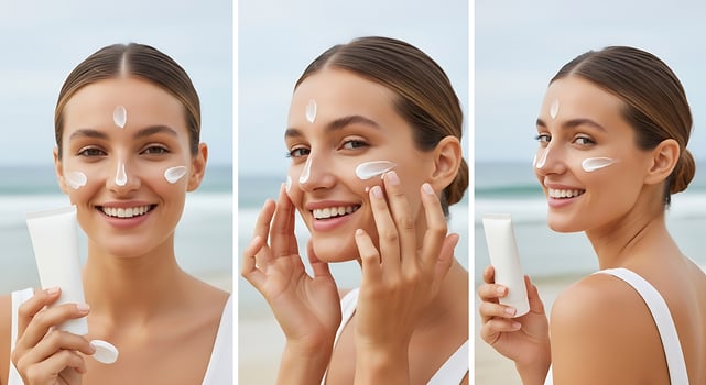 Three images of a woman with cream on her face photo