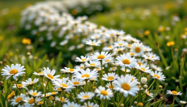 a winding row of daisies in full bloom stretches endlessly, dancing lightly in a gentle warm breeze. photo