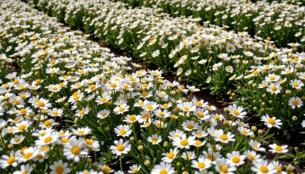 beds of daisies bloom in neat lines, white petals bright against the green under midday sunshine. photo