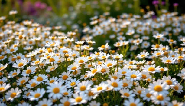 neat beds of daisies in white and gold glow under the soft warmth of early summer morning sun. photo