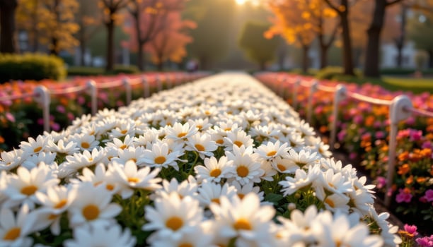 neat rows of chrysanthemums glow softly, petals bright beneath the pale morning light of autumn. photo
