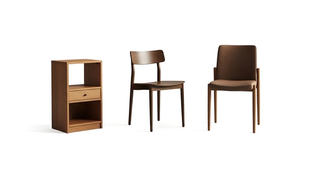 Isolated Furniture Set Wood Chairs and Nightstand on White photo