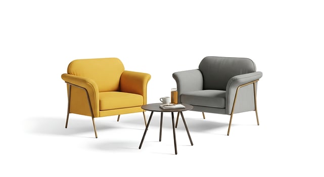 Two chairs with yellow and grey upholstered photo