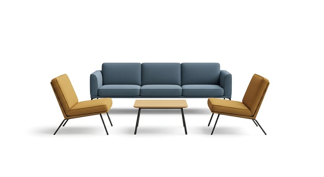 A blue couch, yellow chair and blue table photo