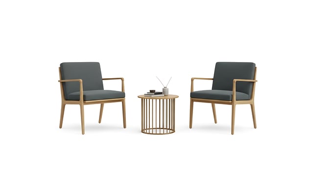 Two Armchairs with Round Side Table on White Background photo