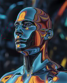 A glossy metallic humanoid figure with vibrant rainbow reflections against a blurred background. photo