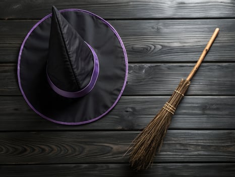 Black Witch Hat and Broom on Dark Wooden Background1 photo