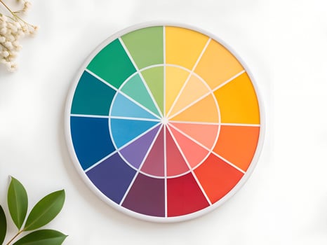 Color Wheel Chart with Green Leaves and White Flowers on White Background photo