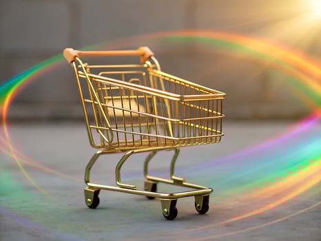 Golden Miniature Shopping Cart with Rainbow Light Trails on Gray Background photo