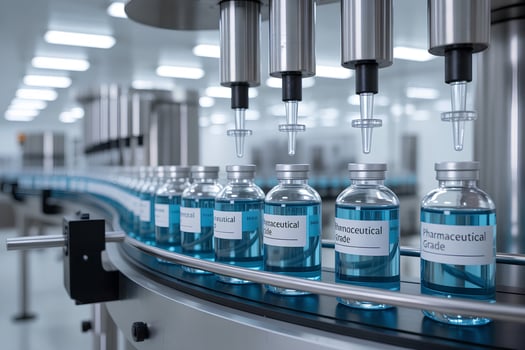 Sterile vaccine vials moving on pharmaceutical production line, automated medical manufacturing process photo
