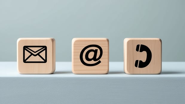 Three wooden blocks with contact icons for email, at symbol, and phone communication information photo