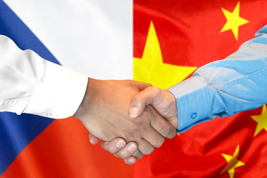 handshake on Czech Republic and China flag background. photo