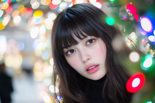 Woman, Christmas lights, city, bokeh, portrait, holiday photo