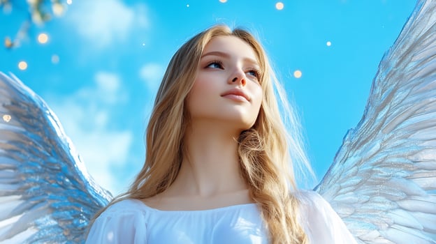 Angelic girl, dreamy sky, spring blossoms, hope concept photo