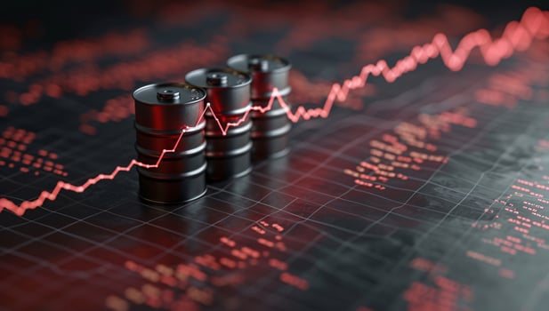 Three black oil barrels on a financial graph with a rising trend line, representing market analysis. photo