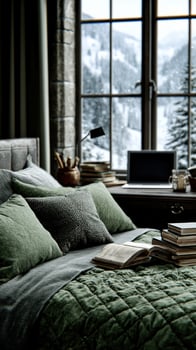 Cozy bed in a snowy winter cabin photo