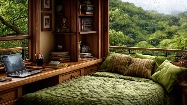 Cozy Cabin Bedroom during Rainy Day photo