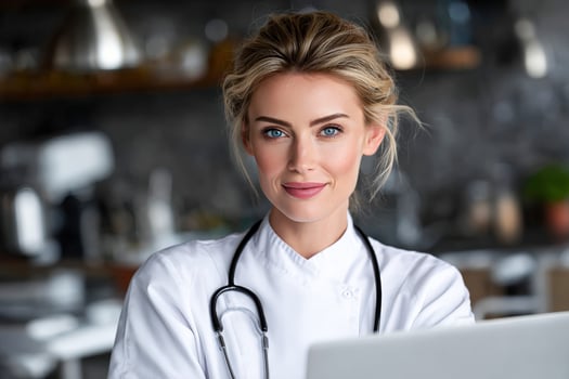 Smiling doctor works in modern clinic photo