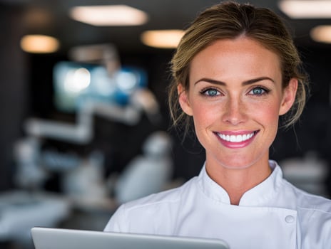 Smiling female dentist holding tablet photo