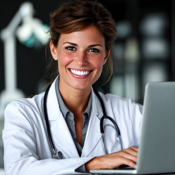 Smiling doctor works on her laptop photo