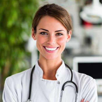 Female doctor smiles at the camera photo