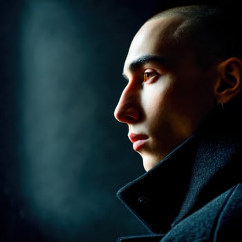 Man profile with dark coat looking left photo