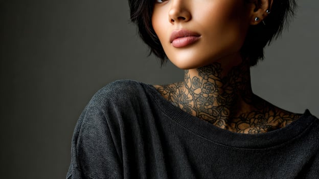 Woman with tattoo on neck poses photo