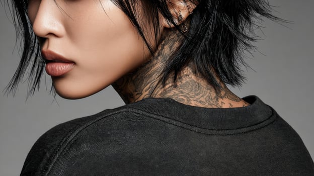Woman with neck tattoo and black hair photo