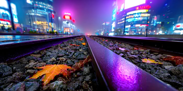 Train tracks at night in Japan photo