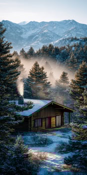 Cabin retreat in winter woods photo