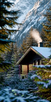 Rustic cabin in snowy Alps landscape photo