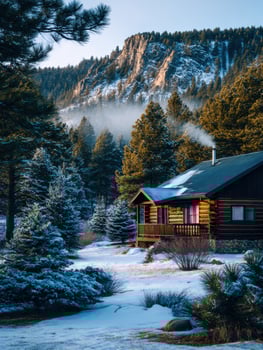 A log cabin in the mountains with snow on the ground photo