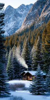 Cozy cabin in snowy mountain forest photo