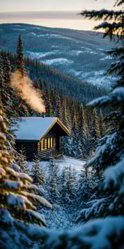 A cabin in the snow surrounded by trees photo