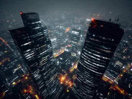Two tall buildings in the city at night photo