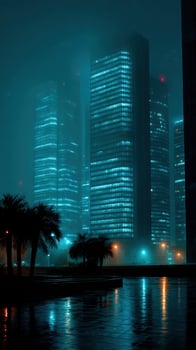A city at night with tall buildings and water photo