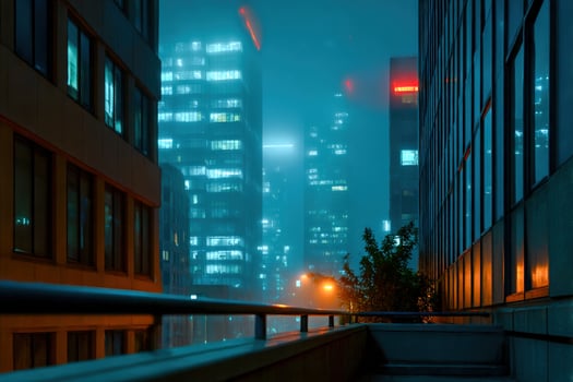 A city street at night with tall buildings and lights photo