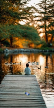 Boy watches ducks on autumn lake photo