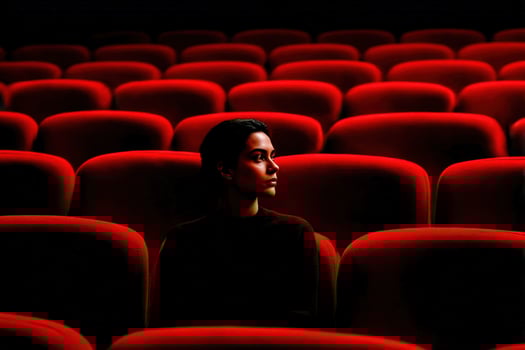Woman sits alone in a dark theatre photo